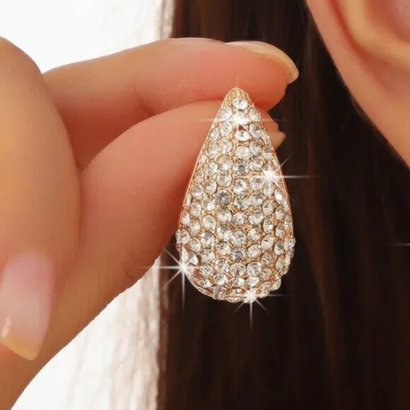 3/$35 Gold Tone Pave Rhinestone Crystal Drop Hoop Earrings Statement Sparkle - Picture 6 of 6